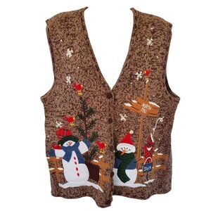 Christmas Holiday Sweater Vest Women's L Embroidered Applique Knit Button Front